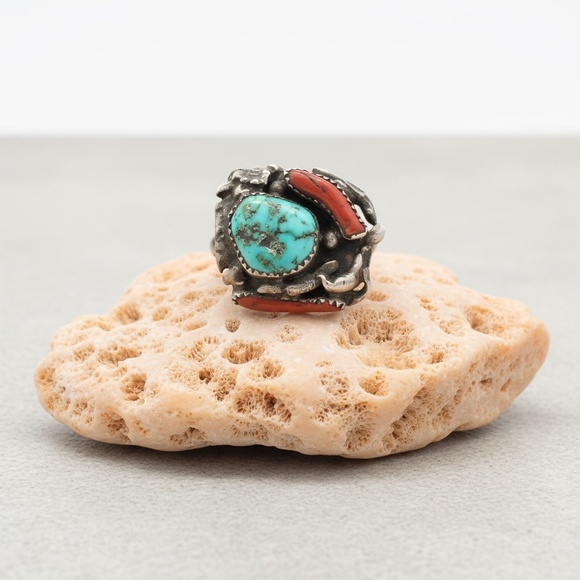 Sz 7, Vintage Ring, Turquoise Coral Sterling Silver Statement Ring - Picture 1 of 16